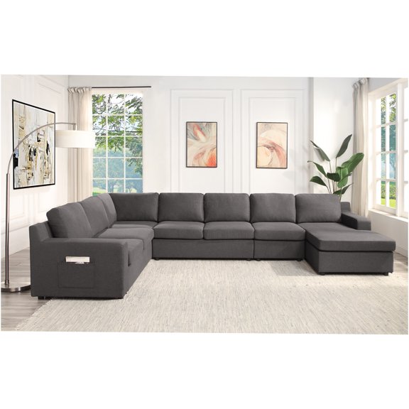 JERFIT Modern U-Shape Sectional Sofa with Chaise, 7-Seater Linen Fabric Couch for Large Living Room, Gray
