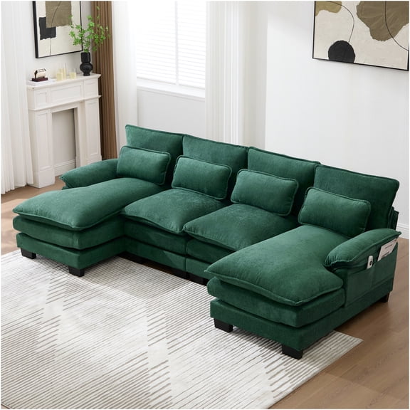 JERFIT U-Shaped Chenille Sectional Sofa with Double Chaise, Modular Cloud Couch for Living Room, 4-Seater Sleeper Sofa in Emerald Green