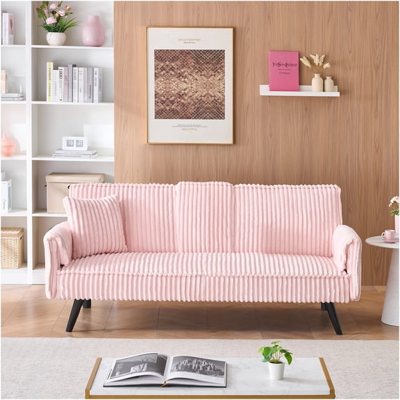 JERFIT U-Shaped Convertible Sleeper Sofa Bed, Corduroy Sectional Couch with Pull-Out Bed and Chaise, Beige, Modern Design for Living Room