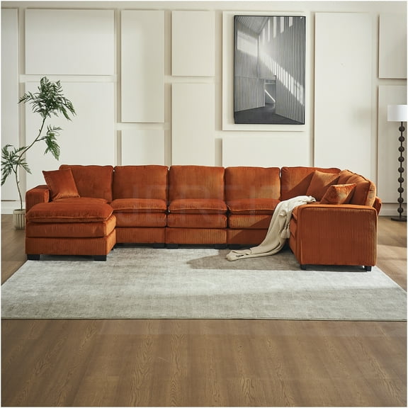 JERFIT U-Shaped Corduroy Sectional Sofa with Ottoman and Pillows, 6-Seat Modular Couch for Living Room, Comfortable Fabric Sofa in Orange