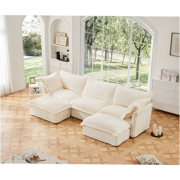 JERFIT U-Shaped Corduroy Sectional Sofa with Removable Covers, Modular Cloud Couch Deep Seating for Living Room, Apartment, Cream