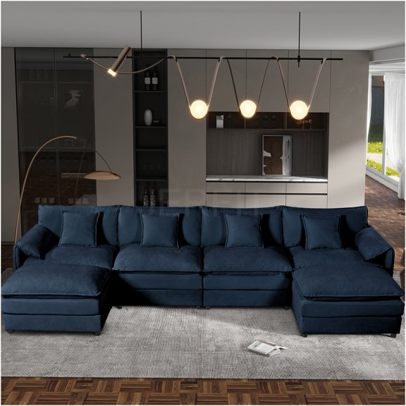 JERFIT U-Shaped Modular Sectional Sofa with Ottomans, Deep Seating Cloud Couch Set, 4-Seater Chenille Fabric, Blue for Living Room