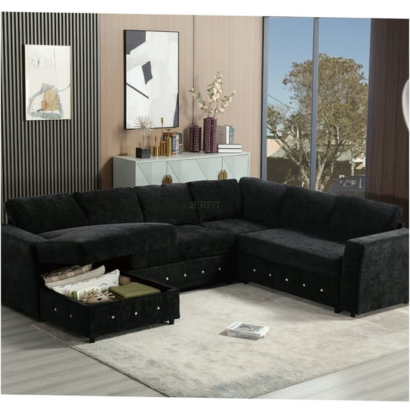 JERFIT U-Shaped Sectional Sofa with Storage Chaise, Chenille Fabric, Modular Couch for Living Room, Black