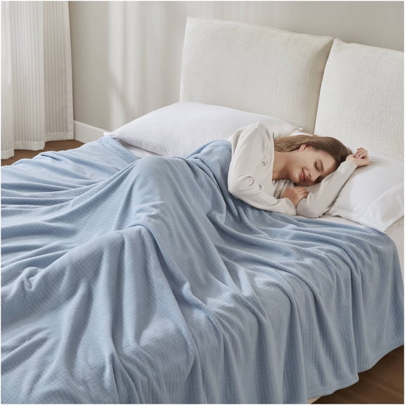 JERFIT Ultra Soft Microfleece Blanket for Twin Bed, Lightweight & Cozy, All Season Throw, OEKO-TEX Certified, Brushed Grid Pattern, Machine Washable, Blue