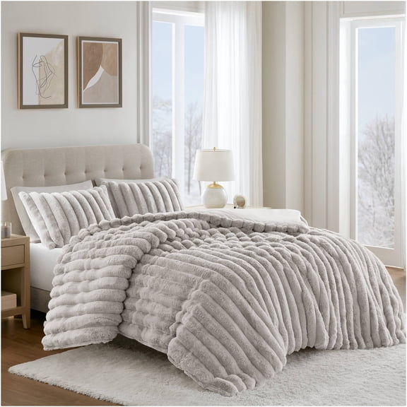 JERFIT Ultrasoft Faux Fur Comforter Set Full Queen, Ribbed Bedding Set with Crystal Velvet Back, Light Gray, 3-Piece