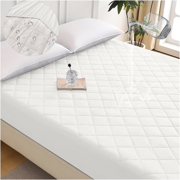 JERFIT Ultrasonic Waterproof Mattress Pad Cover, Diamond Grid Quilted, Soft Cotton, Fitted Sheet Style Protector for Bed, White