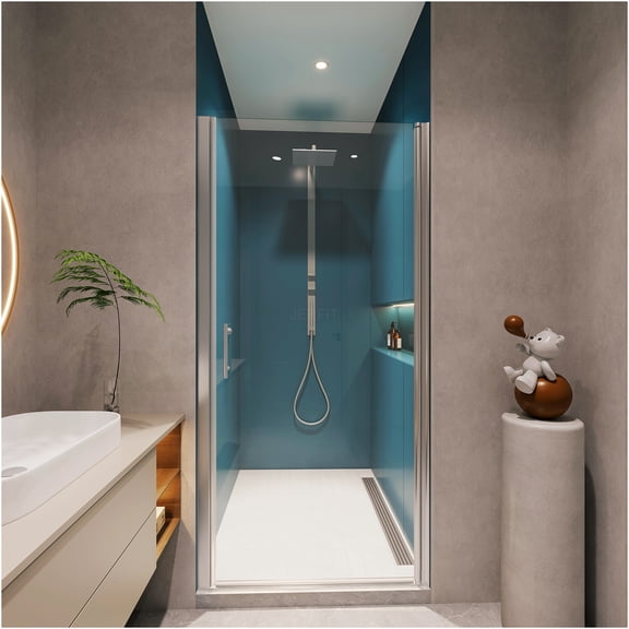 JERFIT Universal Out-Swing Pivot Shower Door with 1/4" Tempered Glass, Chrome Finish, 1-3/8" Adjustable for 30-31.5" Openings