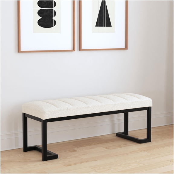 JERFIT Upholstered Accent Bench with Channel Tufting, Modern Vanilla White Boucle Fabric Bench for Bedroom & Living Room