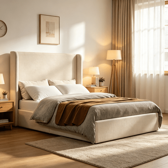 JERFIT Upholstered California King Bed Frame with Wingback Headboard, No Box Spring Needed, Modern Platform Bed, Textured Ivory Chenille Fabric, Quiet Assembly
