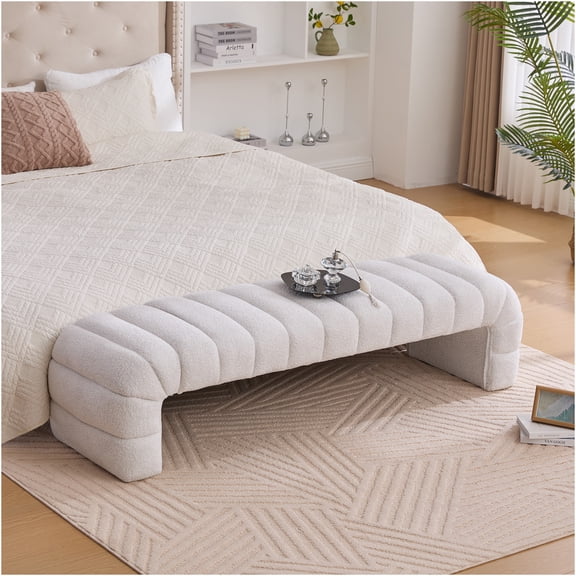 JERFIT Upholstered Chaise Lounge Bench with Channel Tufting, Modern Armless Daybed Ottoman for Bedroom and Living Room, Soft Chenille Fabric, Ivory