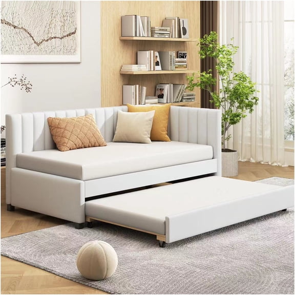 JERFIT Upholstered Daybed with Trundle Twin Size Sofa Bed Frame No Box Spring Needed Linen Fabri