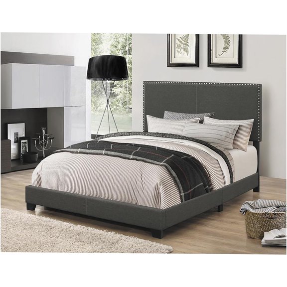 JERFIT Upholstered Full Size Bed Frame with Nailhead Trim, Charcoal Fabric, Modern Platform Bed with Wooden Legs, No Box Spring Needed
