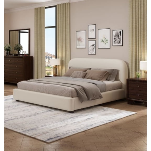JERFIT Upholstered Platform Bed Frame Full Size, Beige Fabric Headboard, No Box Spring Needed, Easy Assembly