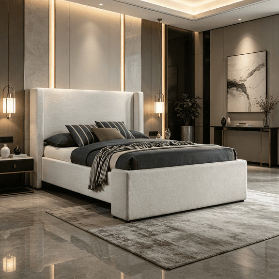 JERFIT Upholstered Queen Bed with Wingback Headboard, White Boucle Fabric, Modern Platform Bed Frame with Slats, No Box Spring Needed