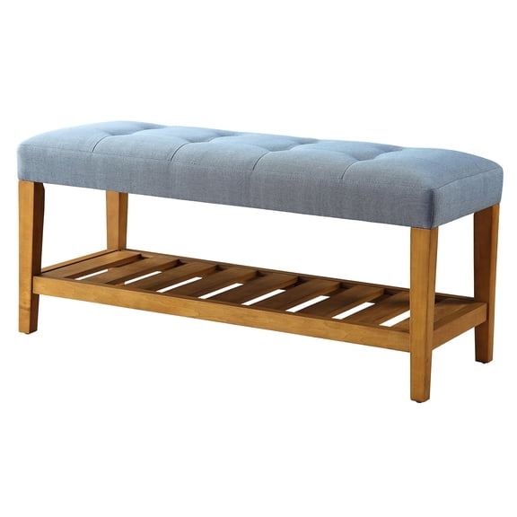 JERFIT Upholstered Storage Bench with Shelf, Light Blue Tufted Bench for Bedroom, Entryway, Living Room