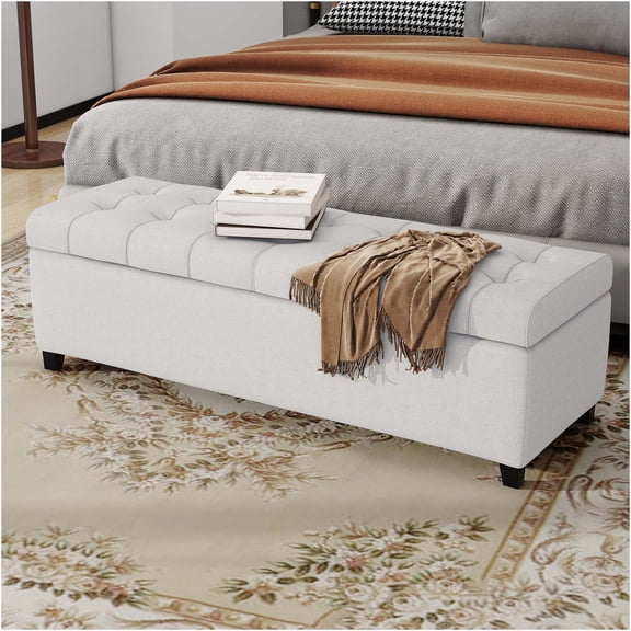 JERFIT Upholstered Storage Ottoman Bench with Soft Boucle Fabric, 300lbs Capacity, for Bedroom, Living Room, Entryway, Light Grey