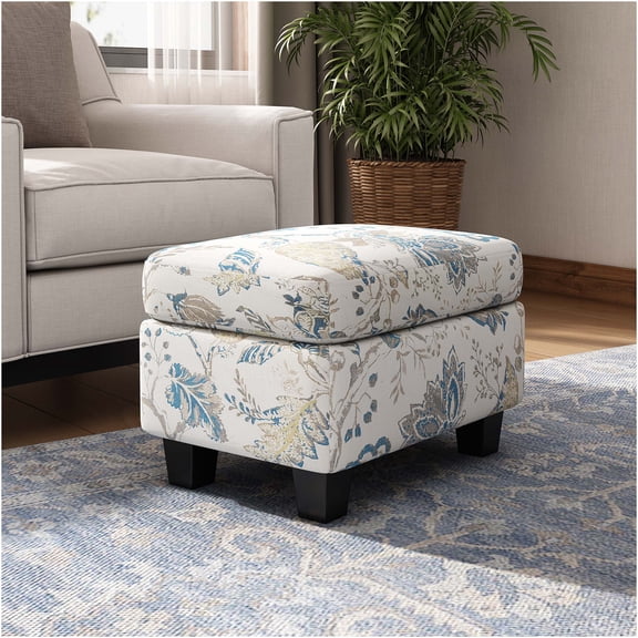 JERFIT Upholstered Storage Ottoman Bench with Wood Legs, Beige Blue Floral Fabric Footstool for Living Room, Bedroom
