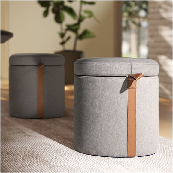 JERFIT Upholstered Storage Ottoman with Leather Handle, Foot Rest Stool, Hidden Storage Chest for Living Room, Bedroom, Gray