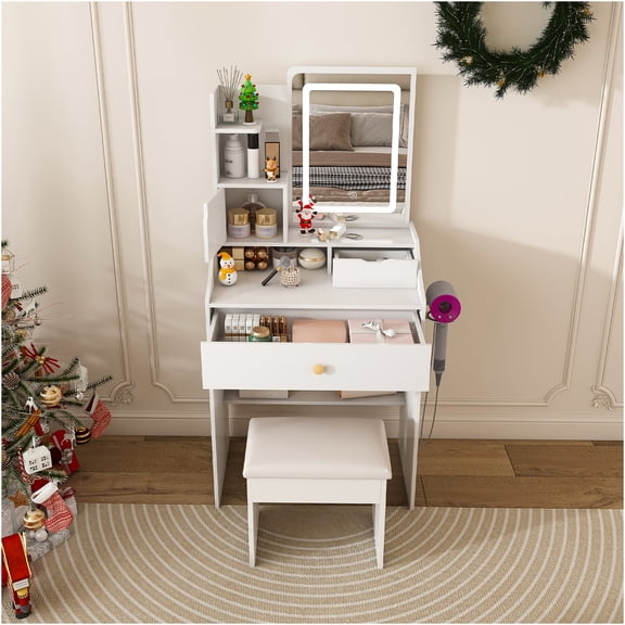 JERFIT Vanity Table with LED Mirror and Stool, Makeup Dressing Table for Bedroom, 2 Drawers & 5 Storage Cabinets, Adjustable Lighting, White