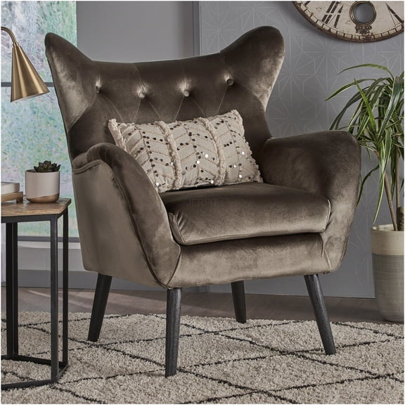 JERFIT Velvet Accent Arm Chair, Mid-Century Modern Wingback Chair with Button Tufting, Grey Upholstered Living Room Chair, Oak Wood Frame