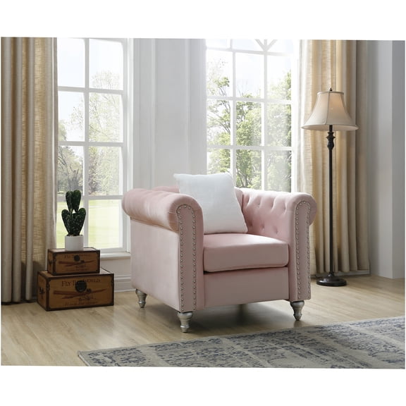 JERFIT Velvet Accent Chair Pink Modern Lounge Chair with Round Arms for Living Room
