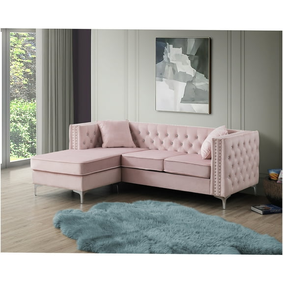 JERFIT Velvet Chaise Sofa 3-Seater with Tufted Back and Chrome Legs, Modern Glam Loveseat for Small Spaces, Pink