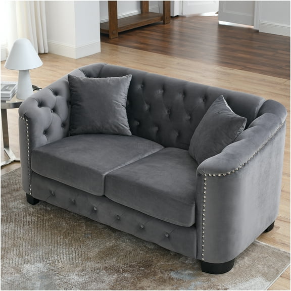 JERFIT Velvet Chesterfield Sofa for Living Room, 2-Seater Couch with Tufted Back and Nailhead Trim, Upholstered Loveseat for Apartment, Office (Grey)