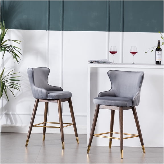 JERFIT Velvet Counter Stools Set of 2, Mid-Century Wingback Bar Stools with Upholstered Seat and Back, Gray Polyester Fabric, Walnut Finish Legs for Kitchen Island, Counter Height