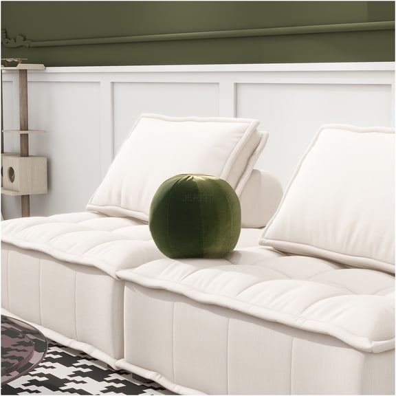 JERFIT Velvet Decorative Sphere Pillow, 12" Round Accent Throw Pillow for Couch, Olive Green Sofa Ball Pillow for Living Room Bed Decor