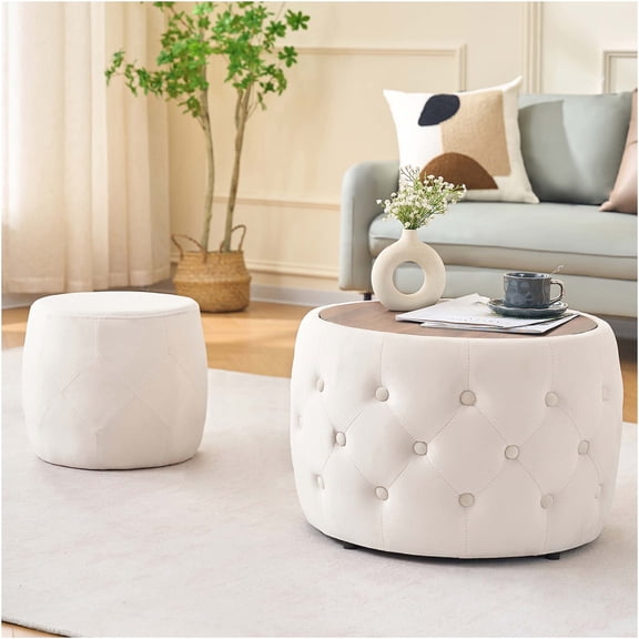 JERFIT Velvet Nesting Ottomans Set of 2, 4-in-1 Round Storage Footstool with Wood Tray, No Assembly, Beige for Living Room