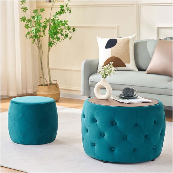 JERFIT Velvet Nesting Ottomans Set of 2, 4-in-1 Round Storage Footstool with Wood Tray Top, No Assembly, Blue for Living Room