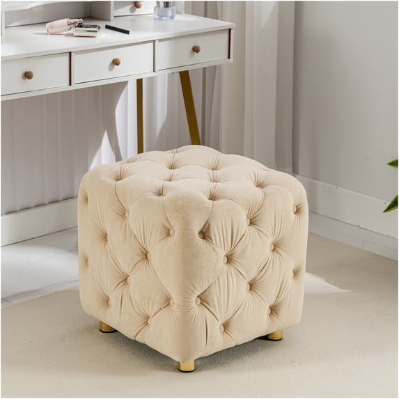 JERFIT Velvet Ottoman Footstool with Storage, Beige Cube Pouf, Upholstered Bench Seat, Small End Table for Living Room, Bedroom, Entryway