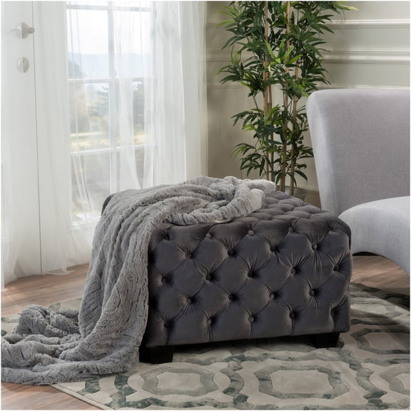 JERFIT Velvet Ottoman with Button Tufting, 29" Square Upholstered Footstool Pouf for Living Room, Modern Glam Grey Accent Furniture
