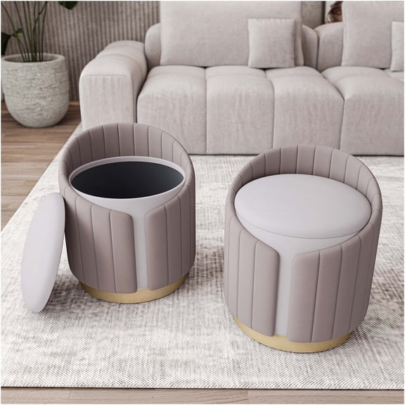 JERFIT Velvet Storage Ottoman Bench, Tufted Makeup Vanity Stool with Hidden Compartment, Modern Footrest for Bedroom, Taupe