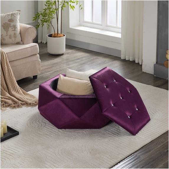 JERFIT Velvet Storage Ottoman with Diamond Tufted Lid, Multifunctional Footrest Pouf Bench for Living Room, Bedroom, Purple