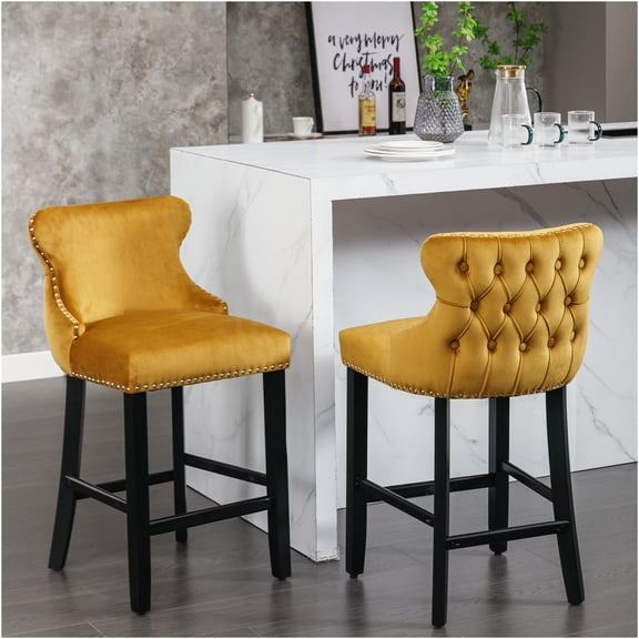 JERFIT Velvet Upholstered Wingback Bar Stools Set of 2, Gold Button Tufted Accent Barstools with Chrome Nailhead Trim and Solid Wood Legs