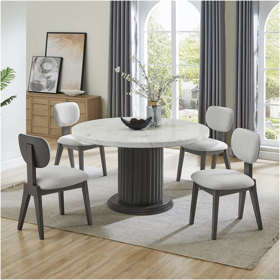 JERFIT Venezia 5-Piece Round Dining Set with Faux Marble Tabletop and Upholstered Chairs, Modern Kitchen Table for 6, White and Gray