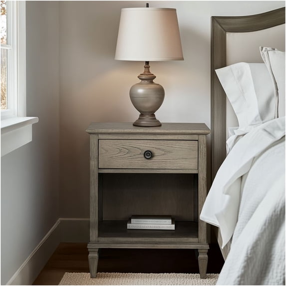 JERFIT Victoria Industrial Nightstand, Reclaimed Wood Look Bedside Table with Drawer and Shelf, Grey Oak Finish