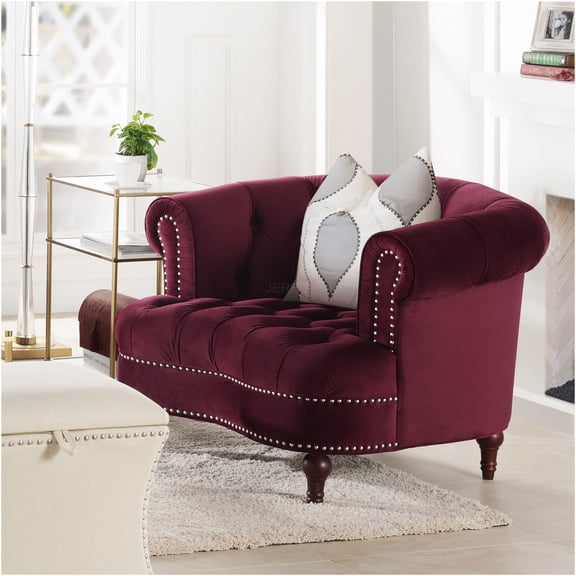 JERFIT Victorian Tufted Accent Chair, Burgundy Velvet Upholstered Lounge Seat with Nailhead Trim for Living Room, Bedroom
