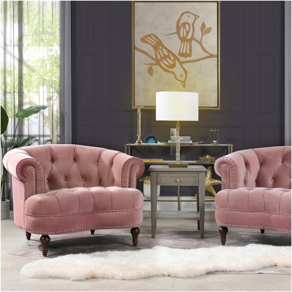 JERFIT Victorian Tufted Accent Chair, Pink Velvet Upholstered Lounge Chair with Nailhead Trim for Living Room, Bedroom