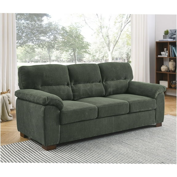 JERFIT Vintage 3-Seater Sofa, Antique Green Corduroy Upholstered Chesterfield Couch with Tufted Back and Rolled Arms for Living Room