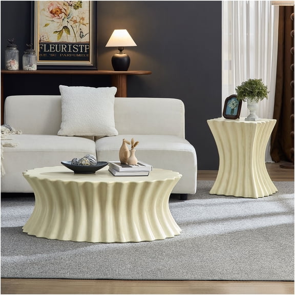 JERFIT Vintage Beige Fiberglass Coffee Table Set for Living Room, 2-Piece No Assembly Required Nesting Tables with Distressed Texture