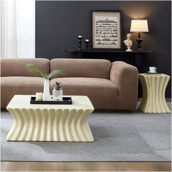 JERFIT Vintage Beige Fiberglass Coffee Table Set for Living Room, 2-Piece No Assembly Required Nesting Tables with Distressed Texture