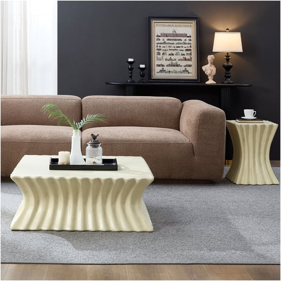 JERFIT Vintage Beige Fiberglass Coffee Table Set for Living Room, 2-Piece No Assembly Required Nesting Tables with Distressed Texture