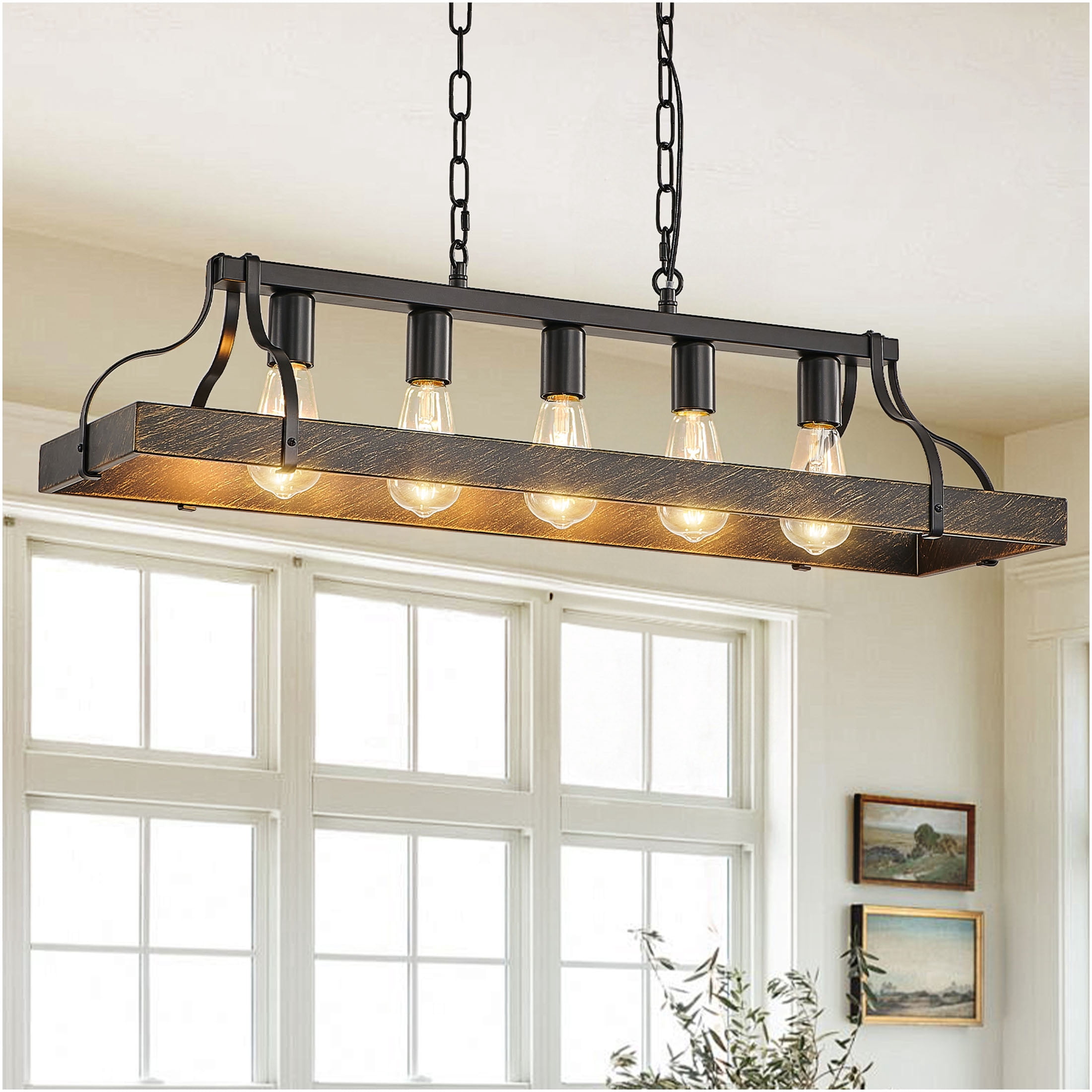 JERFIT Vintage Black Gold Pendant Light Chandelier, 5-Light Island Hanging Fixture with Adjustable Chain for Dining Room Kitchen Living Room, Antique Industrial Cage Ceiling Light, No Bulbs Included