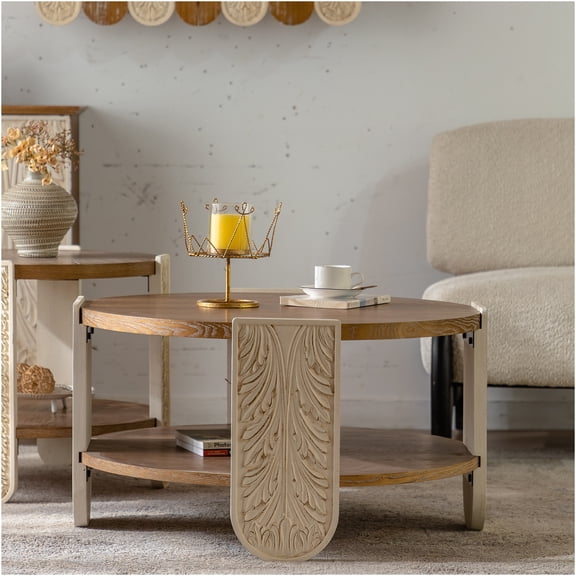 JERFIT Vintage Carved Wood End Table, Double Shelf Solid Wood Nightstand, Retro Storage Side Table for Small Space Living Room Bedroom