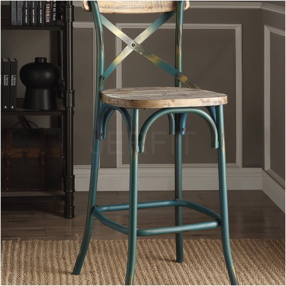 JERFIT Vintage Cross Back Bar Stool, Turquoise Wood Metal Kitchen Counter Chair with Footrest