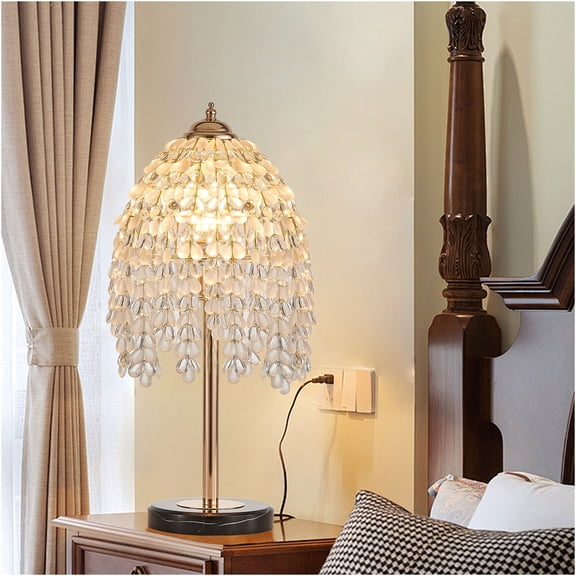 JERFIT Vintage Crystal Table Lamp with Waterfall Beads, Gold Table Light for Bedroom or Living Room, Teardrop Crystal Shade on Marble Base, No Bulb Included