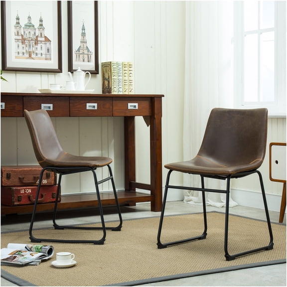JERFIT Vintage Faux Leather Dining Chairs Set of 2, Antique Brown Side Chairs with Metal Frame for Kitchen, Dining Room