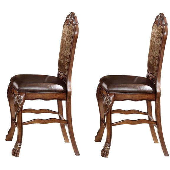 JERFIT Vintage Style Counter Height Dining Chairs Set of 2, Upholstered Fabric Back & Faux Leather Seat, Traditional Carved Wood Accent Chairs for Kitchen Island